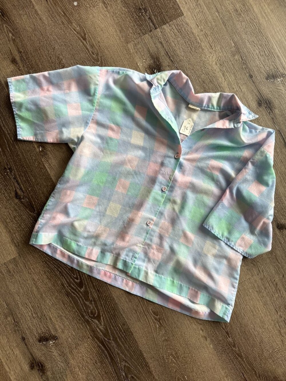 Vtg 80s Sweet Baby Jane pastel checked cropped short sleeve blouse / sz L-XL